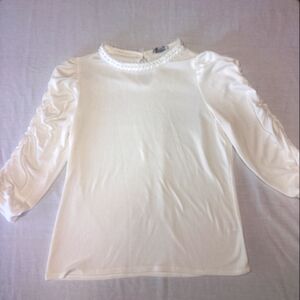 Chenault Off White Lightweight Sweater Gathered 3/4 Sleeves Faux Pearl Neckline